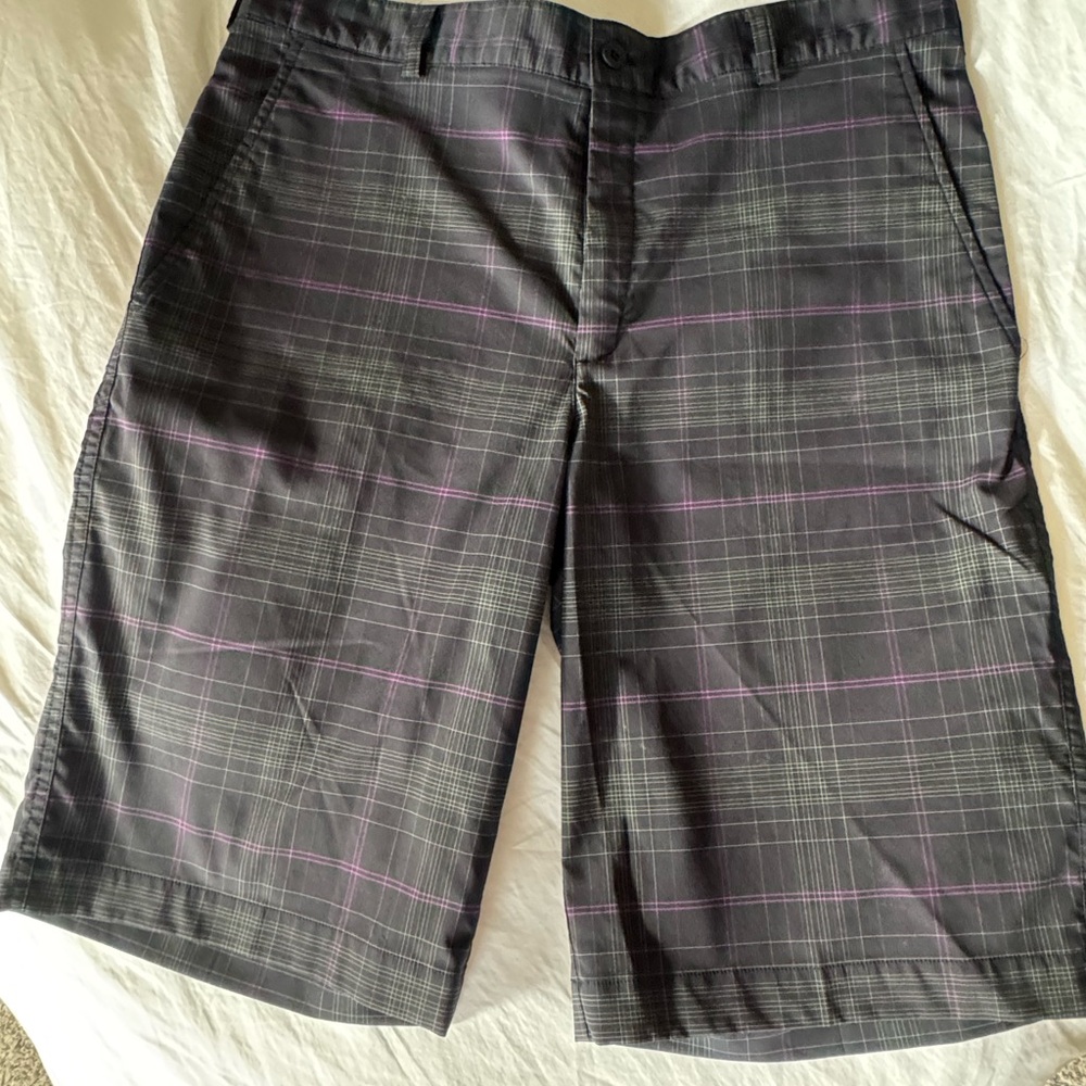 Nike Men's Black Plaid Flat Front Shorts with Purple Pinstripes